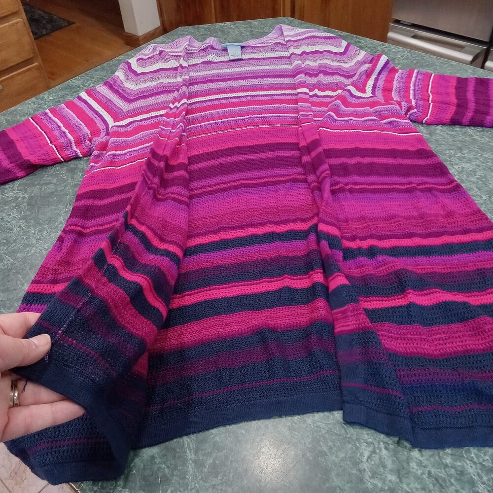 Catherines Open Knit Long Sweater Cardigan Plus Size 2X Pink Purple Ombré Stripe - Picture 3 of 11